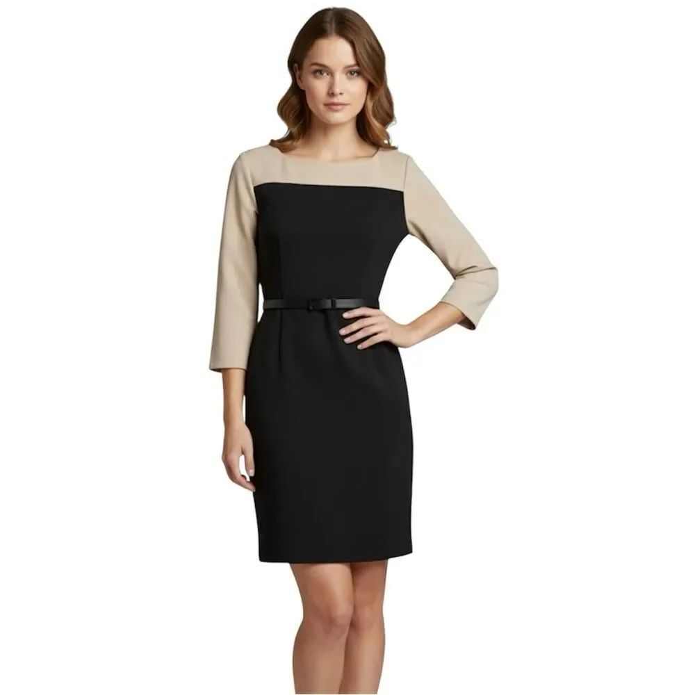 Talbots Ponte ColorBlock Sheath Dress Black / Nude Size 4 Petites NWOT